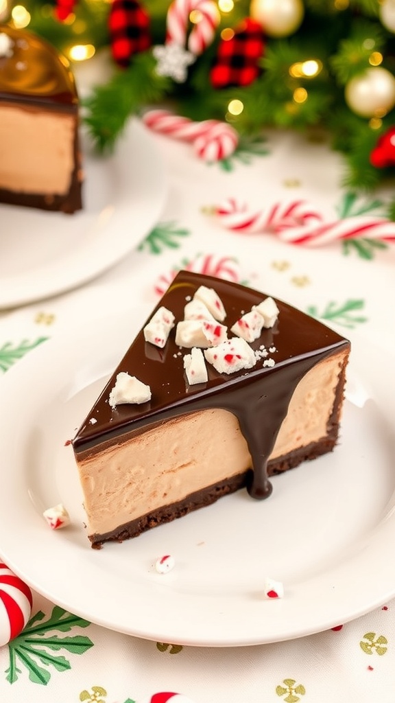 Slice of Chocolate Peppermint Cheesecake with chocolate ganache and peppermint garnish on a festive table.
